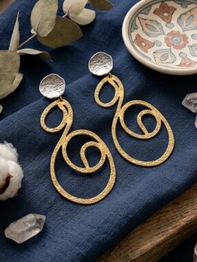 18K Gold Silver Plated Brass Two Tone Spiral Boho Turkish Statement Earrings